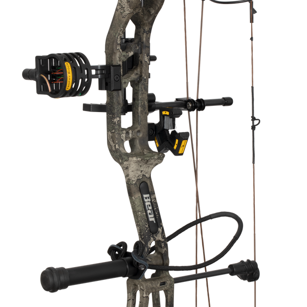 Close up of the Bear Archery Paradigm hunting bow riser in color True Timber Strata featuring Trophy Ridge ready-to-hunt accessories.