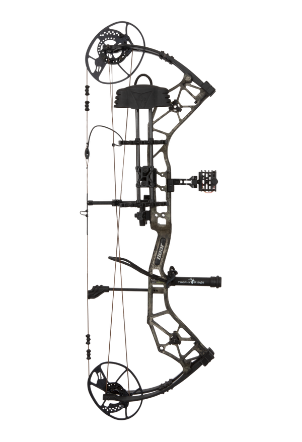 Side view showcasing Bear Archery Paradigm hunting bow in color True Timber Strata with Trophy Ridge ready-to-hunt accessories. The Paradigm is a long draw compound bow.