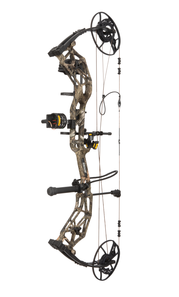 Bear Archery Paradigm hunting bow in color Mossy Oak Roots. The Paradigm is a long draw compound bow.