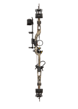 Front view of the Bear Archery Paradigm hunting bow with a 33” axel-to-axel and a sleek modern finish in color Mossy Oak Roots.