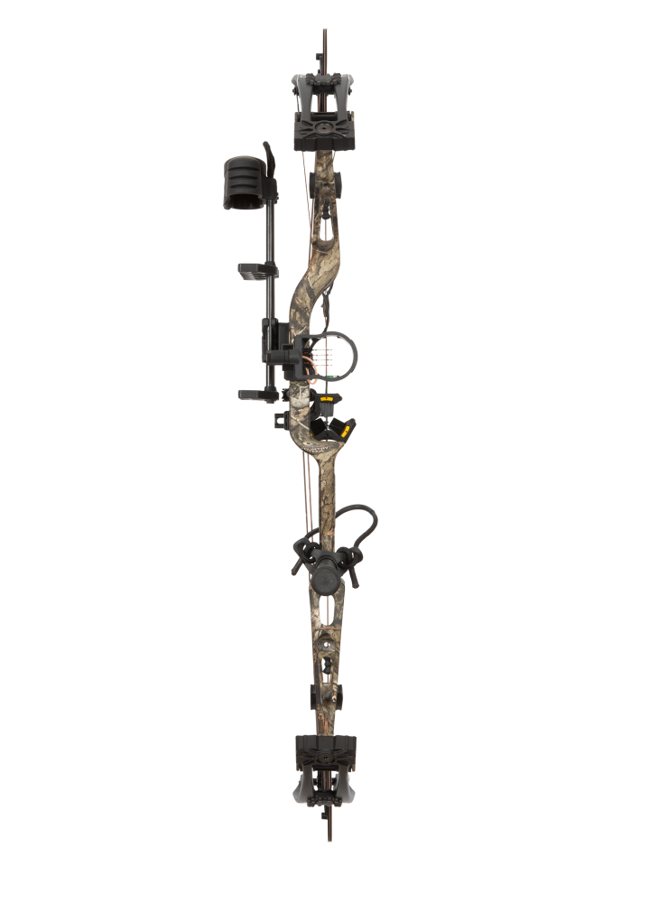 Front view of the Bear Archery Paradigm hunting bow with a 33” axel-to-axel and a sleek modern finish in color Mossy Oak Roots.