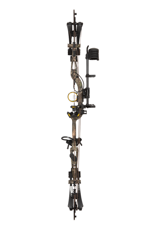 Full view of the Bear Archery Paradigm hunting bow in color Mossy Oak Roots with an adjustable draw long draw length of 27 - 32 inches.