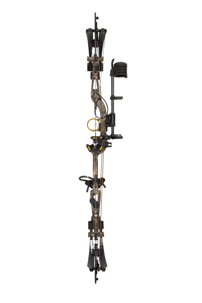Full view of the Bear Archery Paradigm hunting bow in color Mossy Oak Roots with an adjustable draw long draw length of 27 - 32 inches.