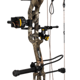 Close up of the Bear Archery Paradigm hunting bow riser in color Mossy Oak Roots featuring Trophy Ridge ready-to-hunt accessories.