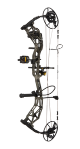Angled view of the Bear Archery Paradigm hunting bow featuring its 33-inch axel-to-axel length.