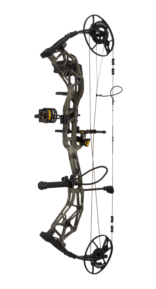 Angled view of the Bear Archery Paradigm hunting bow featuring its 33-inch axel-to-axel length.