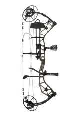 Side view showcasing Bear Archery Paradigm hunting bow in color True Timber Strata. Compound bow with long draw length.