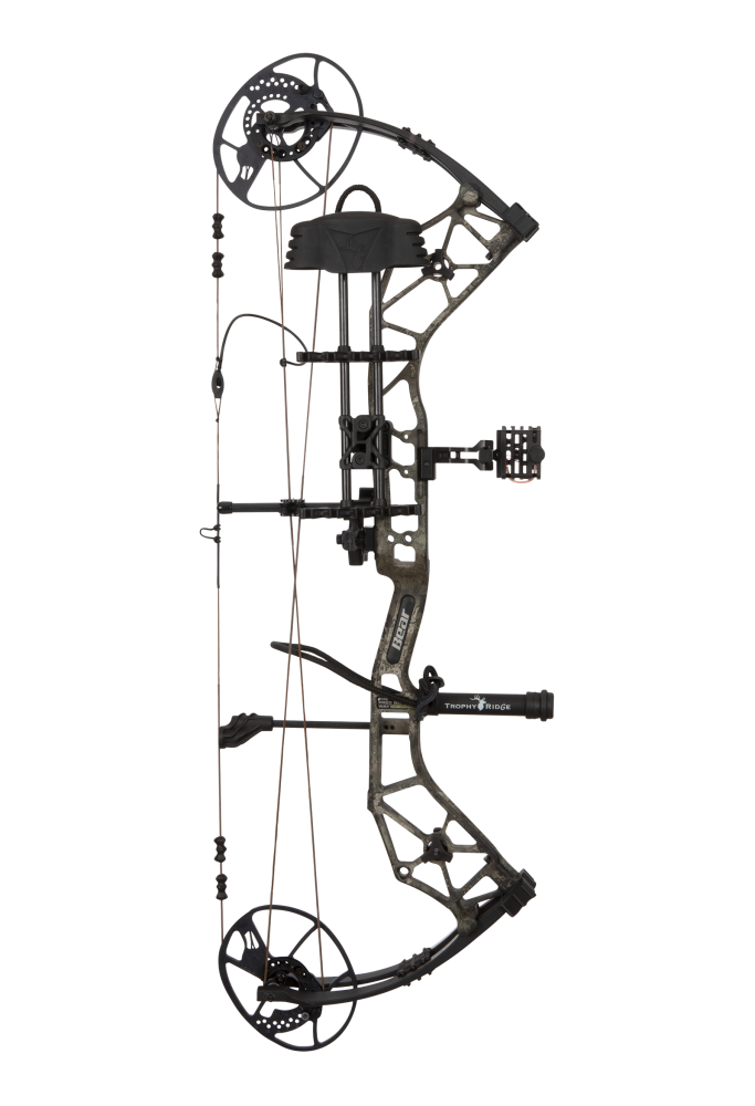 Side view showcasing Bear Archery Paradigm hunting bow in color True Timber Strata. Compound bow with long draw length.