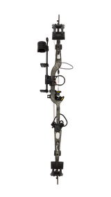 Side view showcasing Bear Archery Paradigm hunting bow in color True Timber Strata with Trophy Ridge ready-to-hunt accessories. The Paradigm is a long draw compound bow.