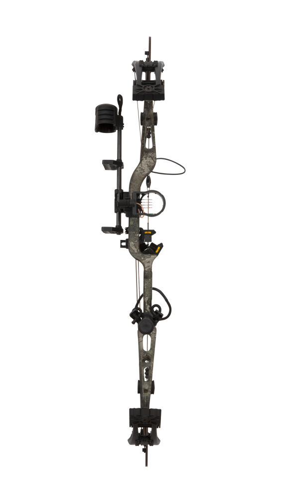 Side view showcasing Bear Archery Paradigm hunting bow in color True Timber Strata with Trophy Ridge ready-to-hunt accessories. The Paradigm is a long draw compound bow.