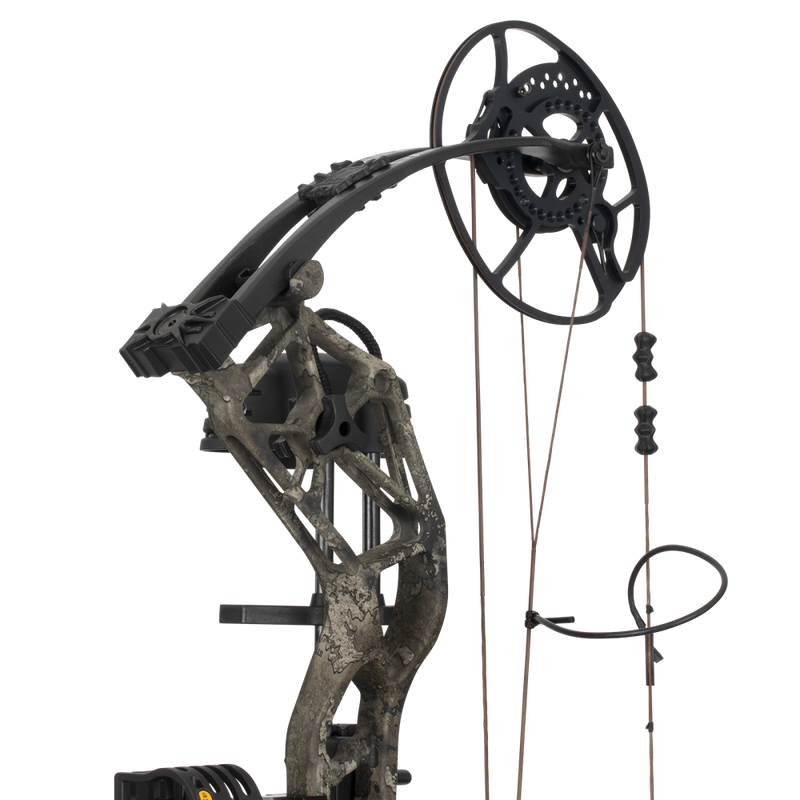 Close up of the Bear Archery Paradigm hunting bow limbs and DHC cam system.