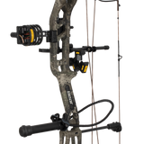Close up of the Bear Archery Paradigm hunting bow riser in color True Timber Strata featuring Trophy Ridge ready-to-hunt accessories.
