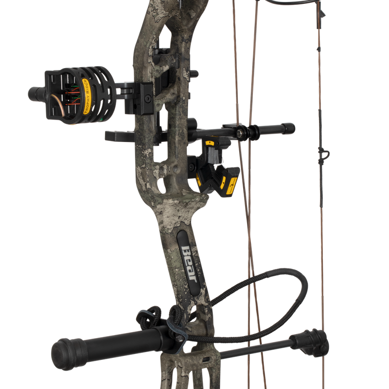 Close up of the Bear Archery Paradigm hunting bow riser in color True Timber Strata featuring Trophy Ridge ready-to-hunt accessories.
