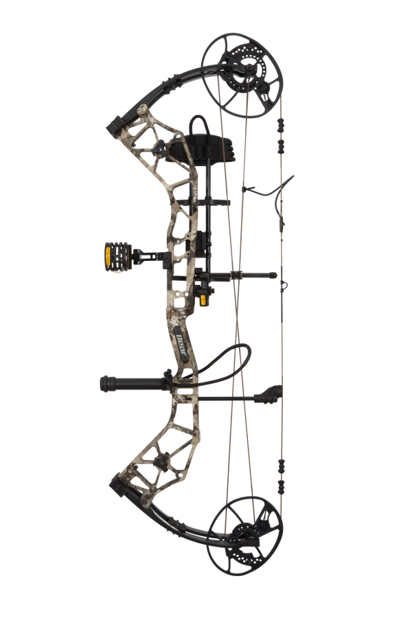 Side view showcasing Bear Archery Paradigm hunting bow in color Veil Whitetail. Compound bow with long draw length.