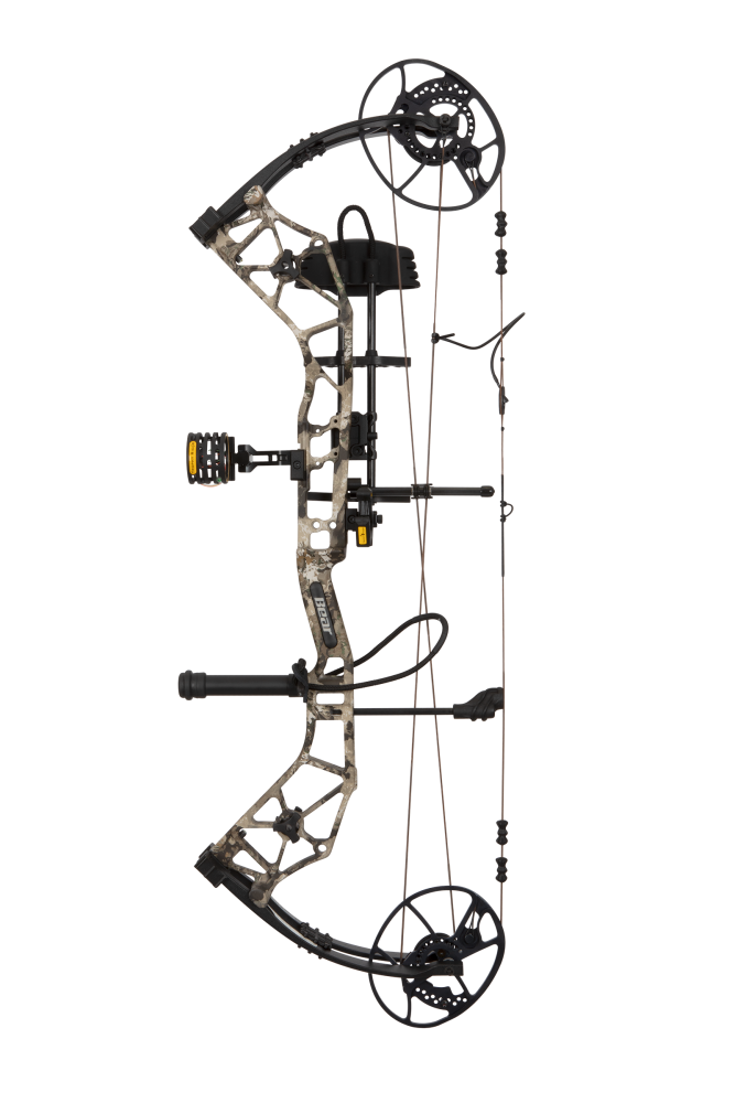 Side view showcasing Bear Archery Paradigm hunting bow in color Veil Whitetail. Compound bow with long draw length.