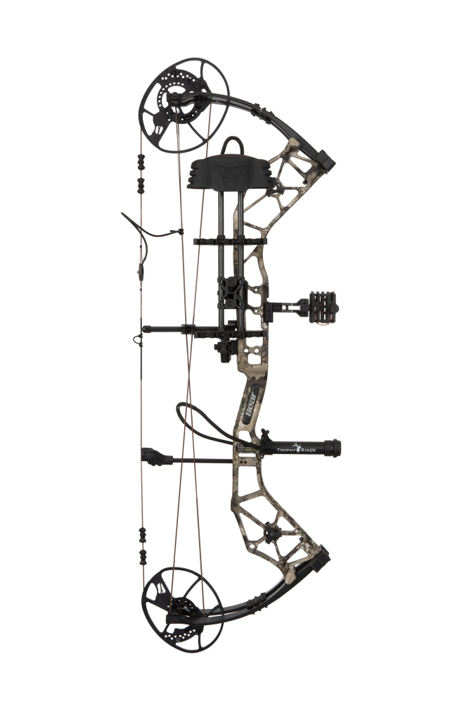 Side view showcasing Bear Archery Paradigm hunting bow in color Veil Whitetail with Trophy Ridge ready-to-hunt accessories. The Paradigm is a long draw compound bow.