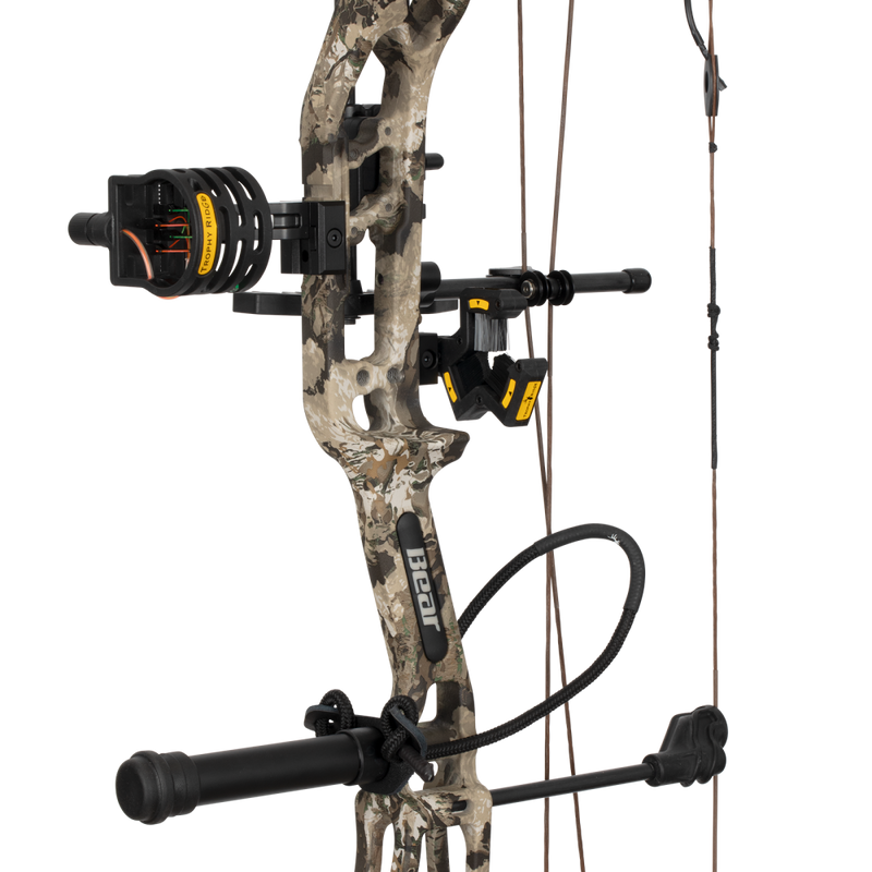 Close up of the Bear Archery Paradigm hunting bow riser in color Veil Whitetail featuring Trophy Ridge ready-to-hunt accessories.