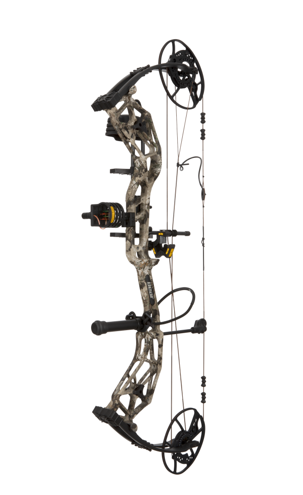 Side view of Bear Archery Paradigm hunting bow in color Veil Whitetail showcasing its dual cam system.