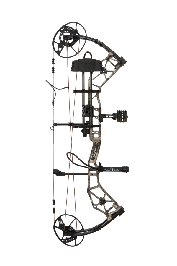 Side view showcasing Bear Archery Paradigm hunting bow in color Veil Whitetail with Trophy Ridge ready-to-hunt accessories. The Paradigm is a long draw compound bow.