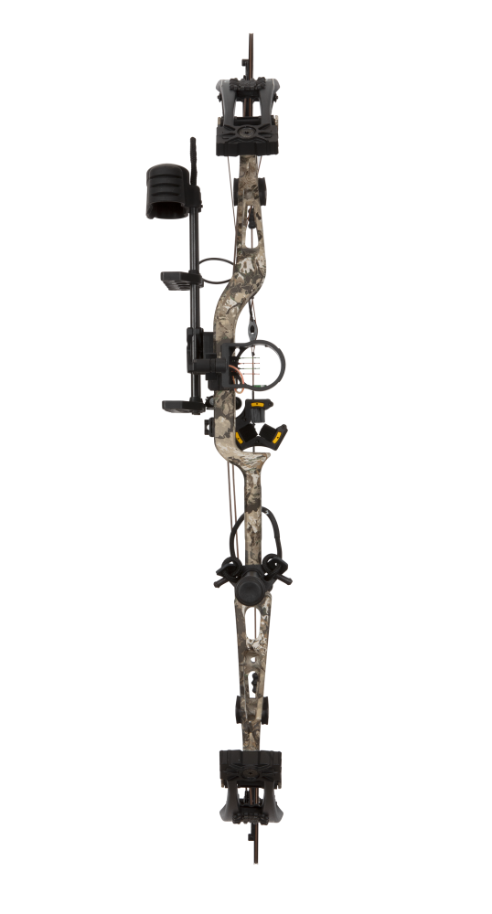 Front view of the Bear Archery Paradigm hunting bow with a 33” axel-to-axel and a sleek modern finish in color Veil Whitetail.