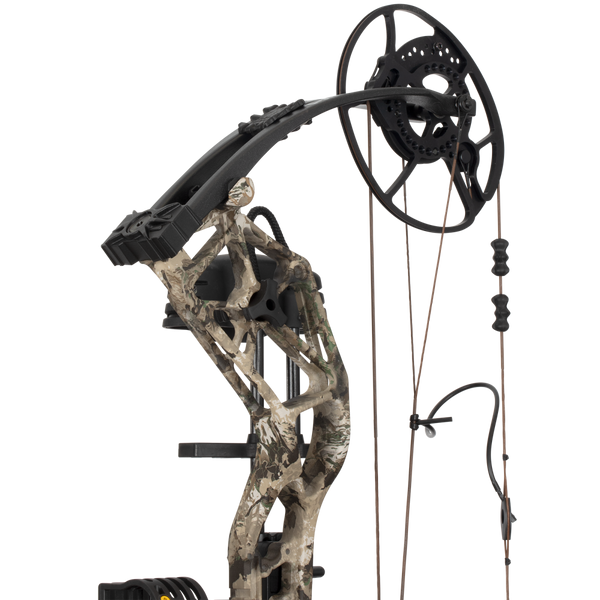 Close up of the Bear Archery Paradigm hunting bow limbs and DHC cam system.