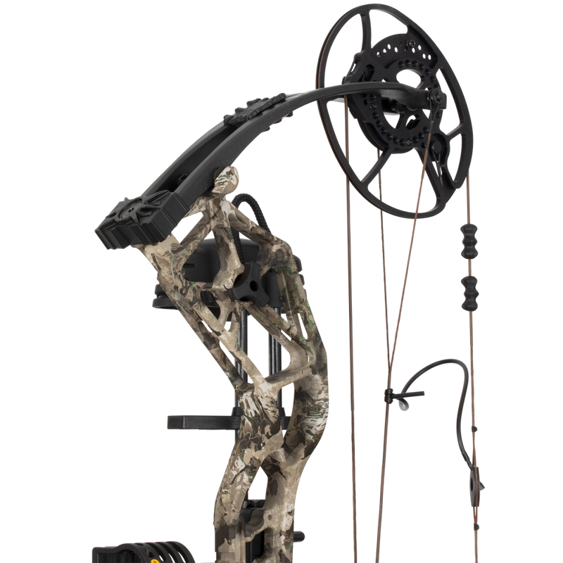 Close up of the Bear Archery Paradigm hunting bow limbs and DHC cam system.