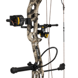 Close up of the Bear Archery Paradigm hunting bow riser in color Veil Whitetail featuring Trophy Ridge ready-to-hunt accessories.