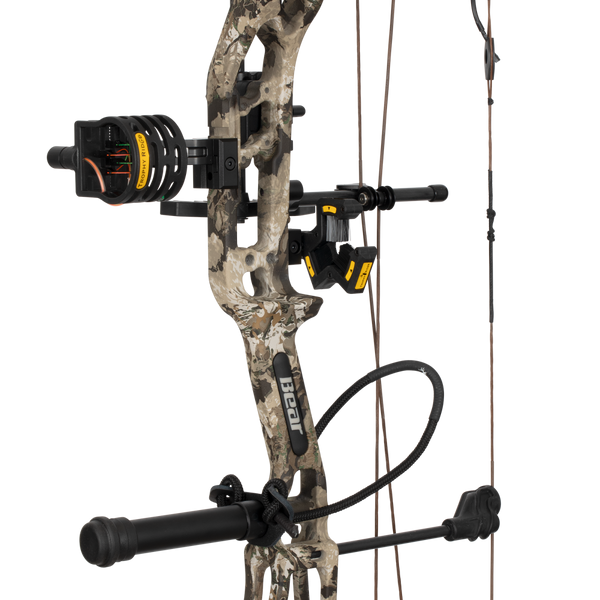 Close up of the Bear Archery Paradigm hunting bow riser in color Veil Whitetail featuring Trophy Ridge ready-to-hunt accessories.