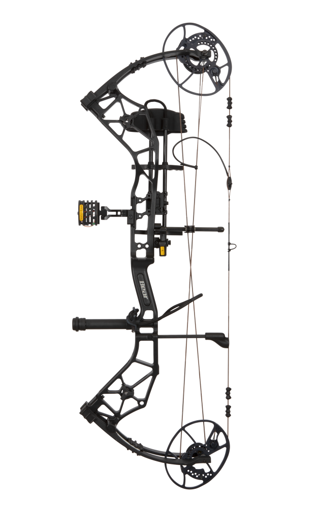 Side view of Bear Archery Paradigm hunting bow in color Black showcasing its dual cam system.