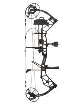 Side view showcasing Bear Archery Paradigm hunting bow in color Black with Trophy Ridge ready-to-hunt accessories. The Paradigm is a long draw compound bow.