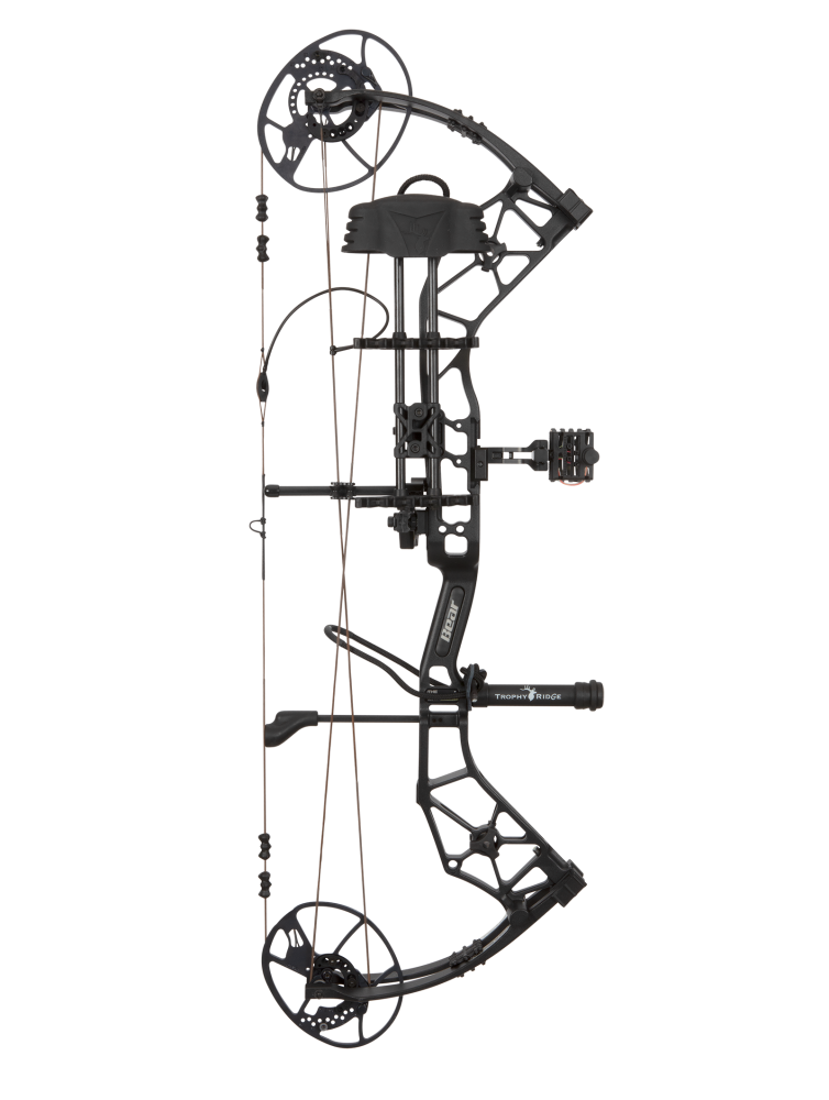 Side view showcasing Bear Archery Paradigm hunting bow in color Black with Trophy Ridge ready-to-hunt accessories. The Paradigm is a long draw compound bow.