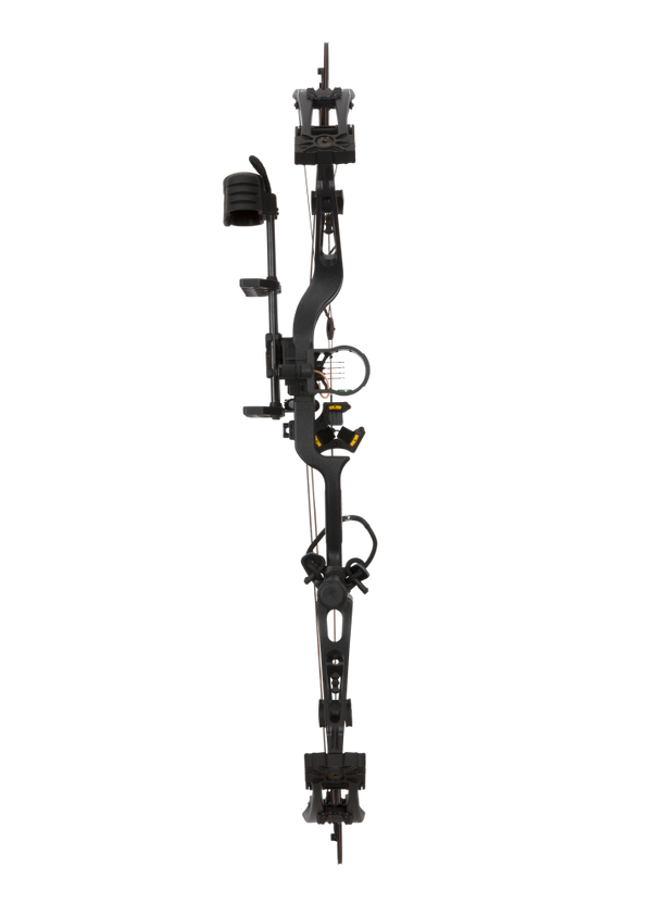 Front view of the Bear Archery Paradigm hunting bow with a 33” axel-to-axel and a sleek modern finish in color Black.