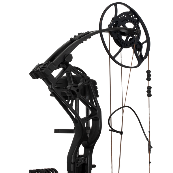 Close up of the Bear Archery Paradigm hunting bow limbs and DHC cam system.