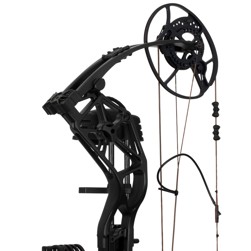 Close up of the Bear Archery Paradigm hunting bow limbs and DHC cam system.