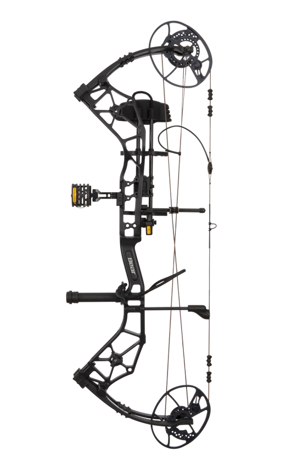 Side view showcasing Bear Archery Paradigm hunting bow in color Black. Compound bow with long draw length.