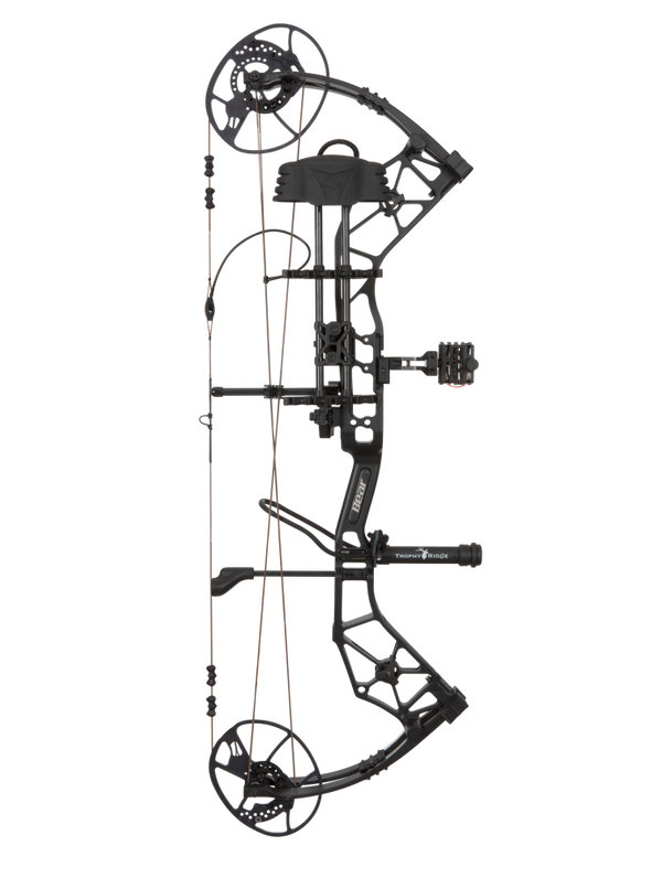 Side view showcasing Bear Archery Paradigm hunting bow in color Black with Trophy Ridge ready-to-hunt accessories. The Paradigm is a long draw compound bow.