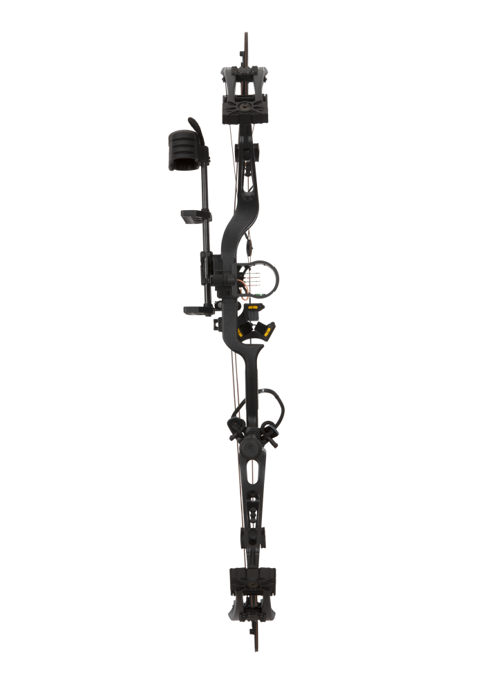 Front view of the Bear Archery Paradigm hunting bow with a 33” axel-to-axel and a sleek modern finish in color Black.