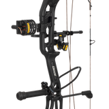 Close up of the Bear Archery Paradigm hunting bow riser in color Black featuring Trophy Ridge ready-to-hunt accessories.