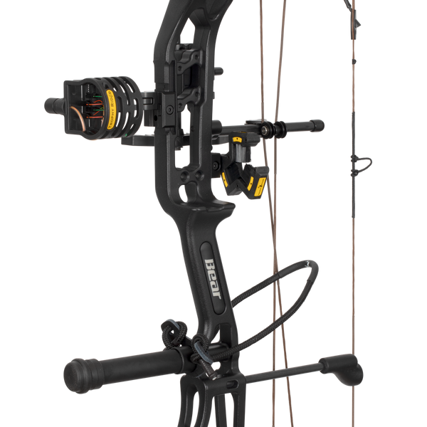 Close up of the Bear Archery Paradigm hunting bow riser in color Black featuring Trophy Ridge ready-to-hunt accessories.