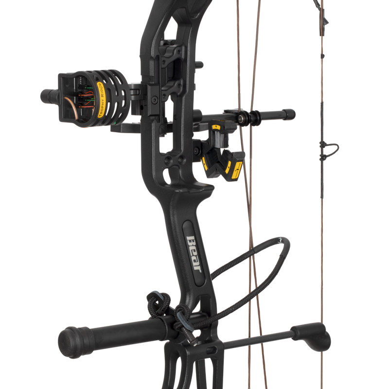 Close up of the Bear Archery Paradigm hunting bow riser in color Black featuring Trophy Ridge ready-to-hunt accessories.