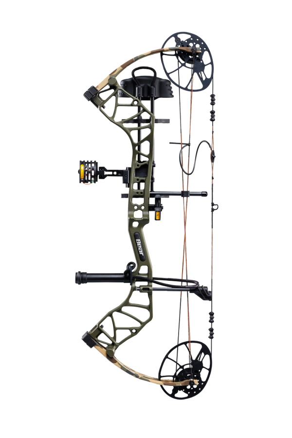 Side view of Bear Archery Legit MAXX RTH Special Edition compound bow in color Throwback Green showcasing its dual cam system.