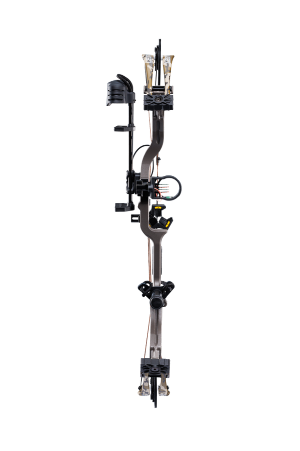 Front view of the Bear Archery Legit MAXX RTH Special Edition compound bow with a 30” axel-to-axel and a sleek modern finish in color Stone/Bottomland.
