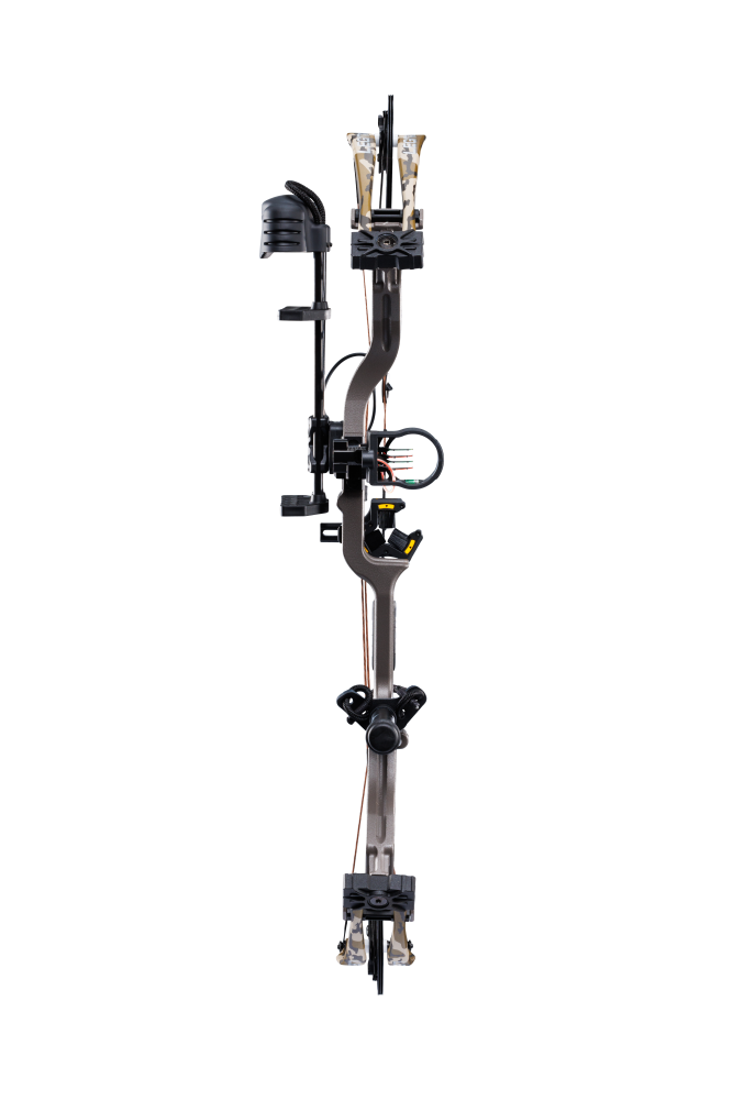 Front view of the Bear Archery Legit MAXX RTH Special Edition compound bow with a 30” axel-to-axel and a sleek modern finish in color Stone/Bottomland.