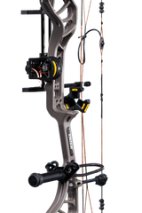 Close up of the Bear Archery Legit MAXX RTH Special Edition riser in color Stone/Bottomland featuring Trophy Ridge ready-to-hunt accessories.