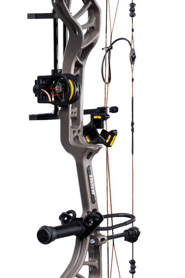 Close up of the Bear Archery Legit MAXX RTH Special Edition riser in color Stone/Bottomland featuring Trophy Ridge ready-to-hunt accessories.