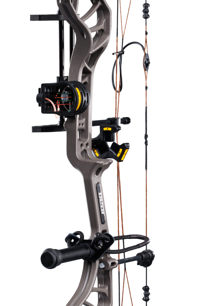 Close up of the Bear Archery Legit MAXX RTH Special Edition riser in color Stone/Bottomland featuring Trophy Ridge ready-to-hunt accessories.