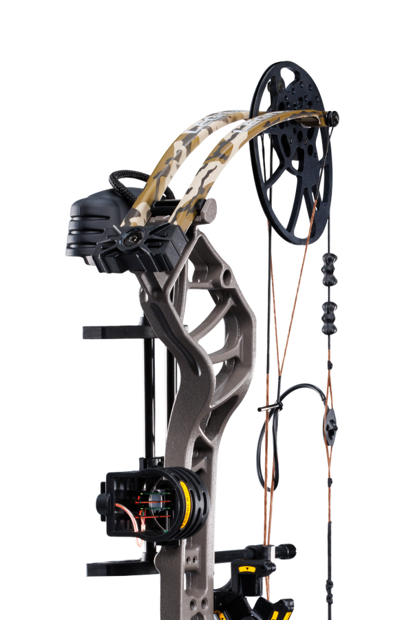 Close up of the Bear Archery Legit MAXX RTH Special Edition compound bow limbs, and picatinny sight mounting location.
