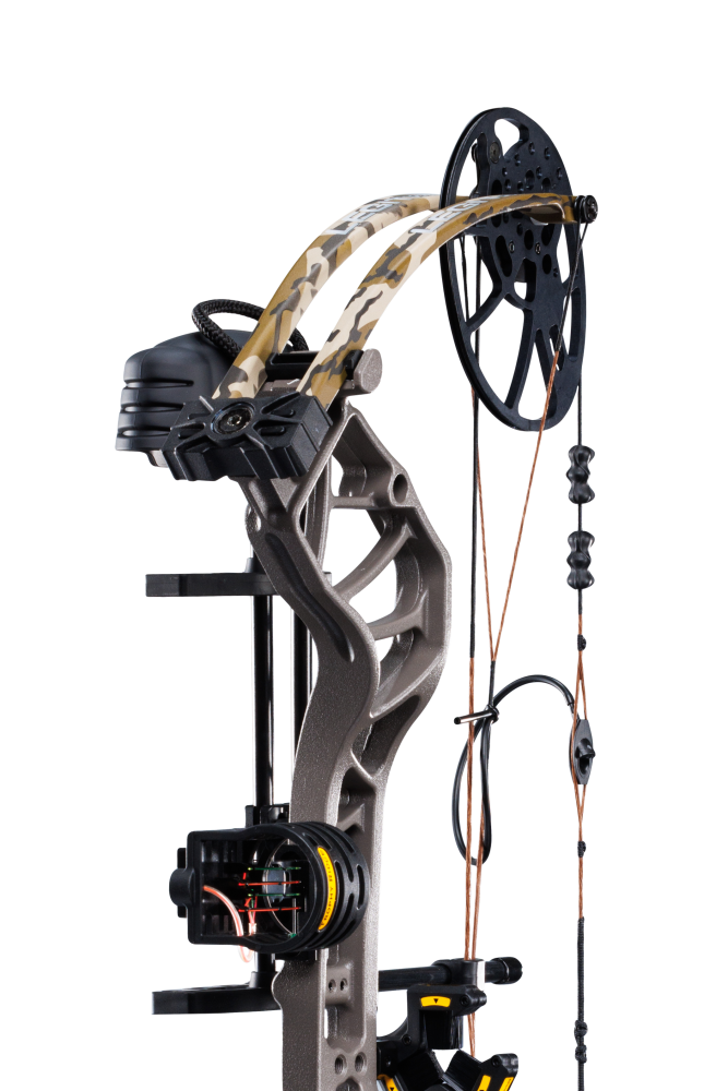 Close up of the Bear Archery Legit MAXX RTH Special Edition compound bow limbs, and picatinny sight mounting location.