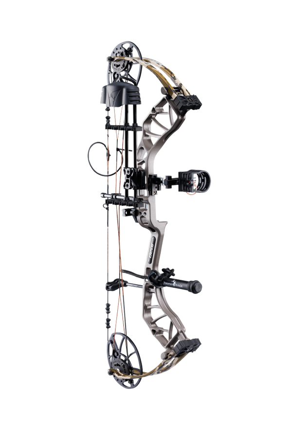 Side view of the Bear Archery Legit MAXX RTH Special Edition compound in color Stone/Bottomland highlighting its 30-inch axle-to-axle length and 6.25” brace height.