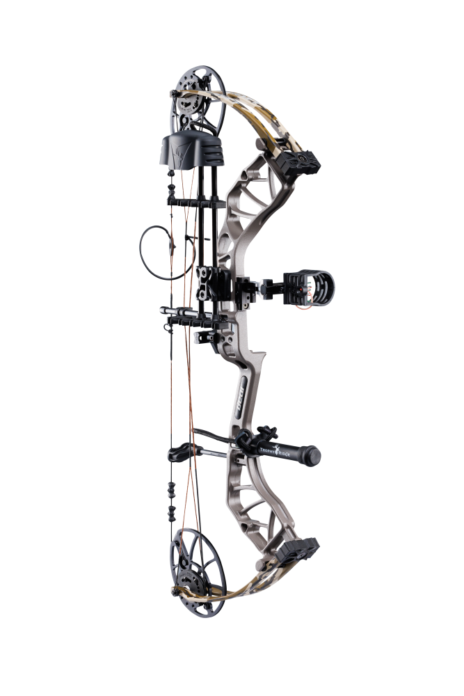 Side view of the Bear Archery Legit MAXX RTH Special Edition compound in color Stone/Bottomland highlighting its 30-inch axle-to-axle length and 6.25” brace height.